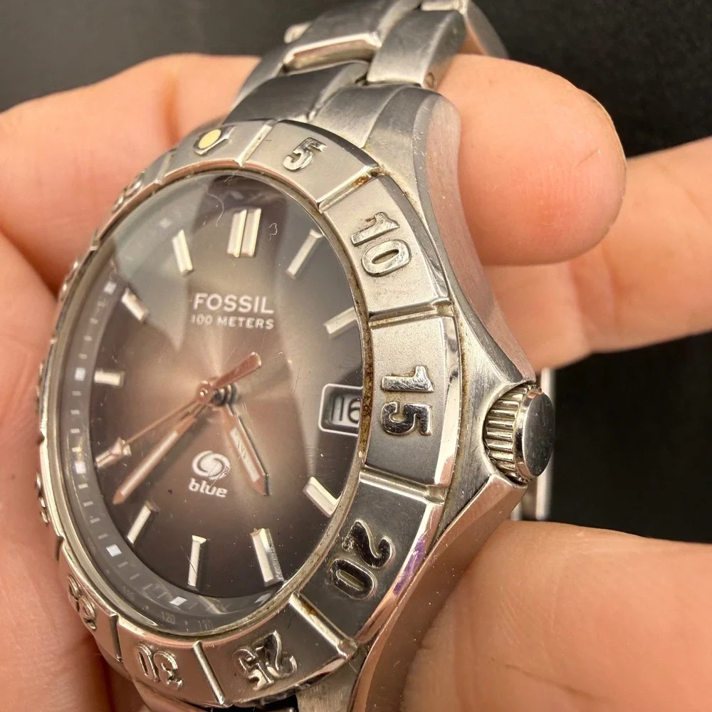 Vintage Fossil Blue Watch Silver Charcoal Dial Stainless Steel Mens 40mm READ